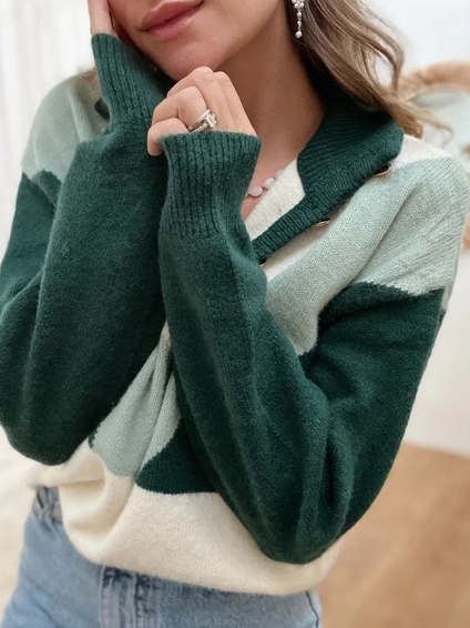 Shawl Collar Color Block Casual Sweater