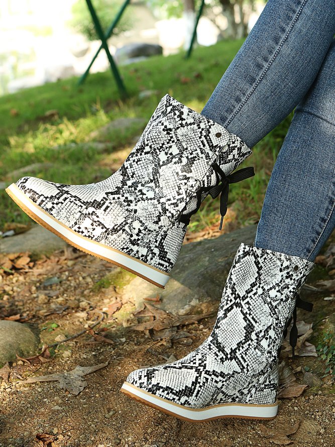Casual Leopard Snake Print Lace-up Print Boots