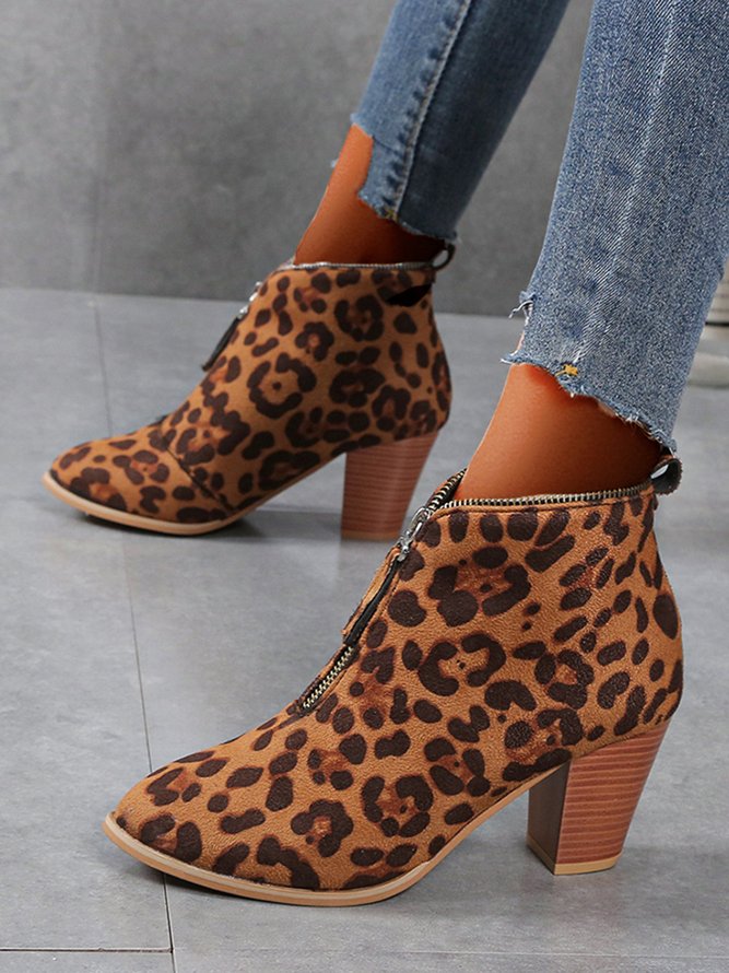 Leopard Print Plain Faux Leather Chunky Heel Boots
