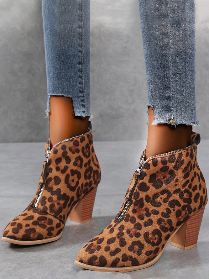 Leopard Print Plain Faux Leather Chunky Heel Boots