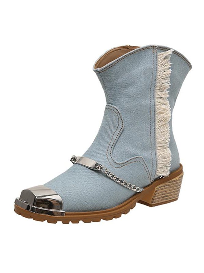 Denim Panel Fringed Western Cowboy Boots with Chain