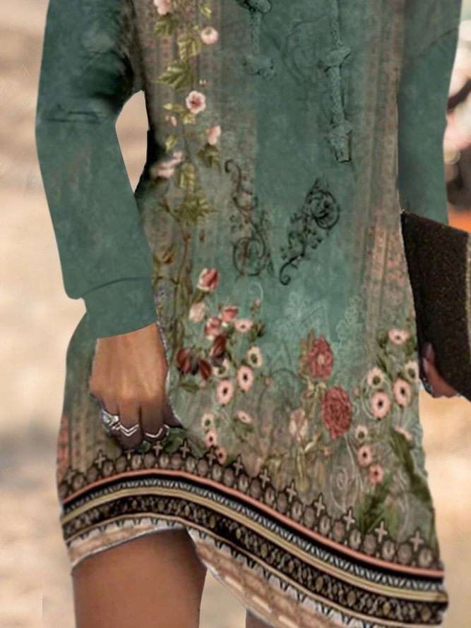 Women's Hoodie Midi Dress Floral Loose  Dress