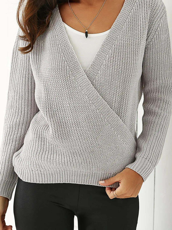 Casual V Neck Wool/Knitting Plain Sweater Without Cami