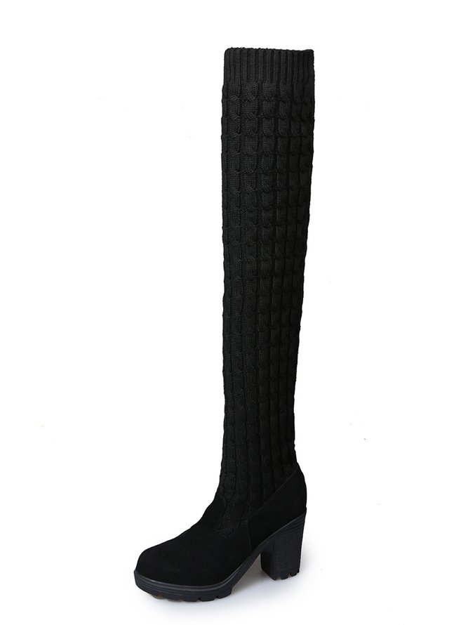 Knitted Stitching Block Heel Super High Socks Boots