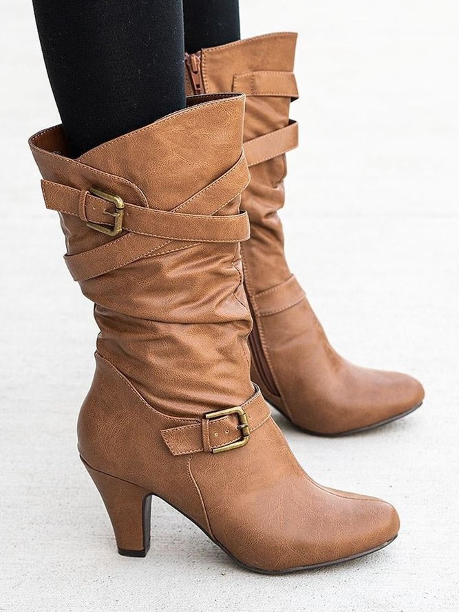 Casual Ruched Buckle Chunky Heel Boots