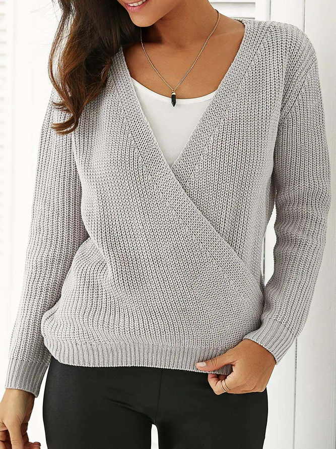 Casual V Neck Wool/Knitting Plain Sweater Without Cami