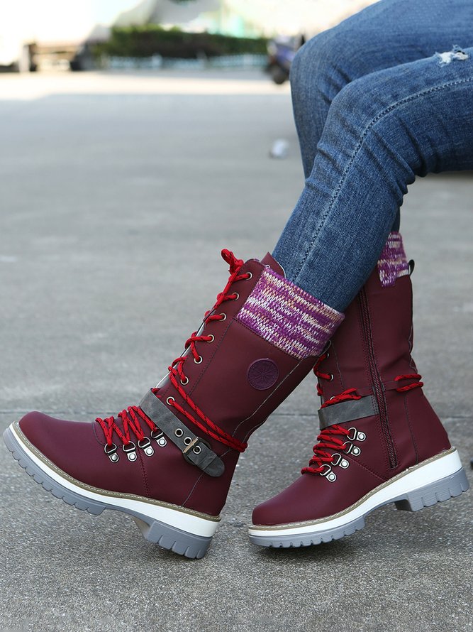 KNIT WOOL PANEL BUCKLE LACES Casual Hiking Boots