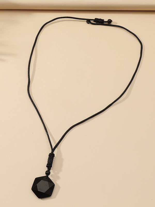 Casual Black Crystal Obsidian Geometric Necklace Ethnic Vintage Pendant Jewelry