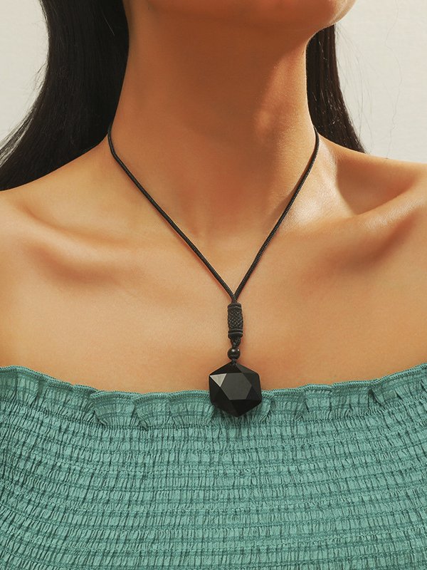 Casual Black Crystal Obsidian Geometric Necklace Ethnic Vintage Pendant Jewelry
