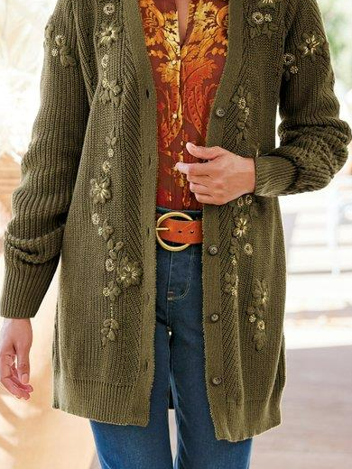 Wool/Knitting Floral Casual Sweater Coat