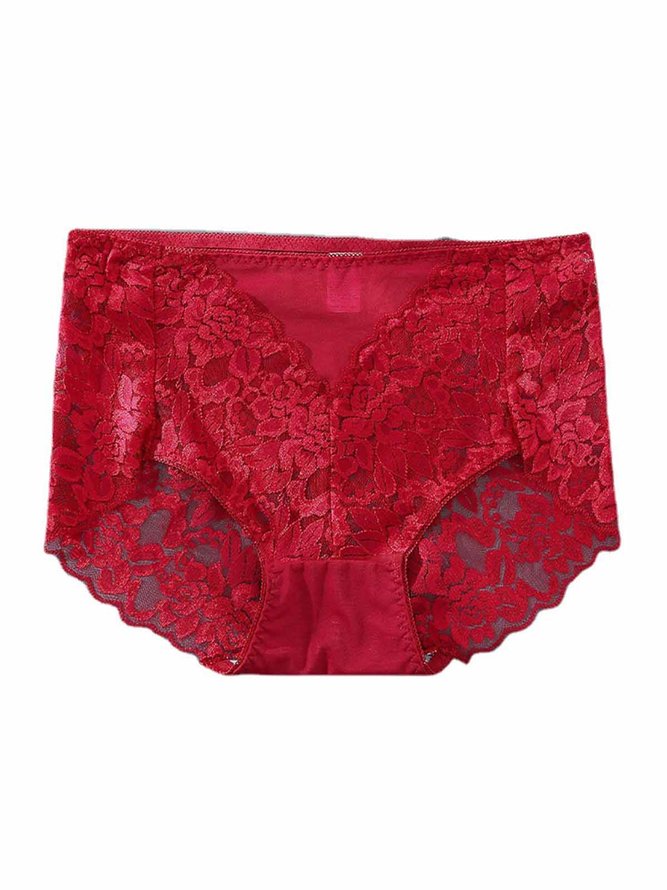 Sexy Lace Mesh Hollow Hollow Breathable Cotton Crotch Mid Waist Brief Plus Size