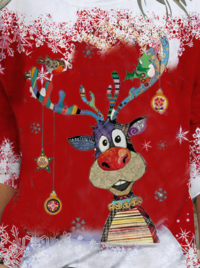 Christmas Snowflake Elk Casual Crew Neck T-Shirt
