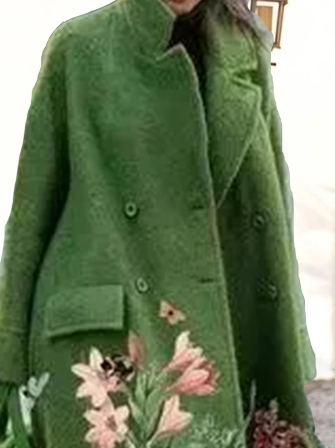Lapel Solid Double-breasted Loose Floral Woolen Long Coat