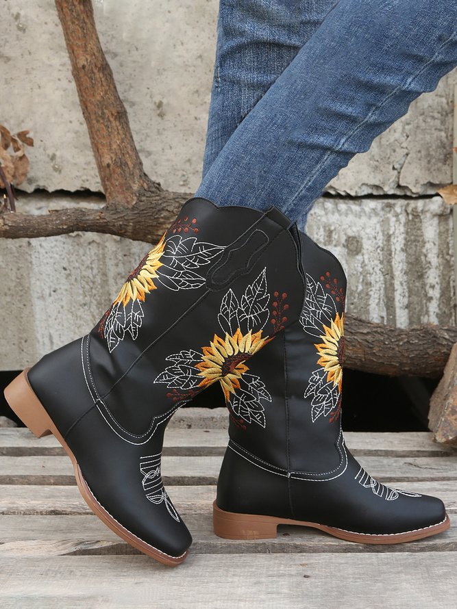 Plus Size Sunflower Embroidery Western Cowboy Boots