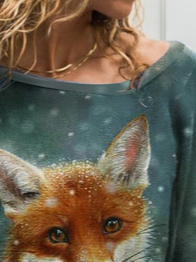 Winter Snow Cute Fox Print Loose T-Shirt