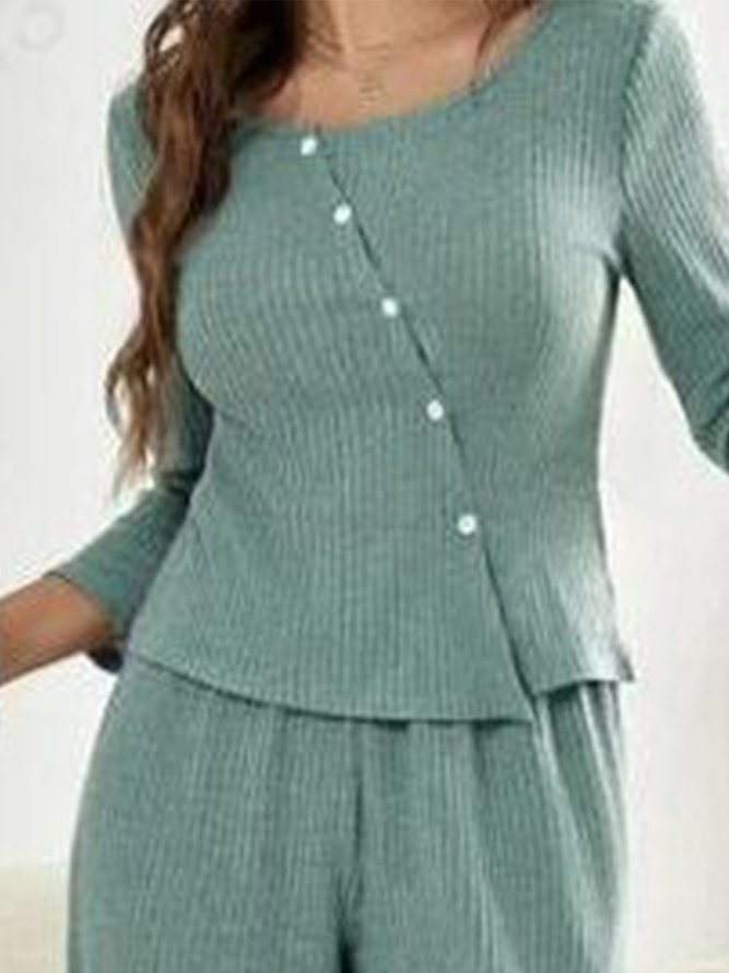 Casual Crew Neck Buttoned Two-Piece Set