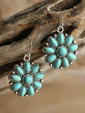 Boho Ethnic Turquoise Flower Pattern Earrings Vintage Jewelry