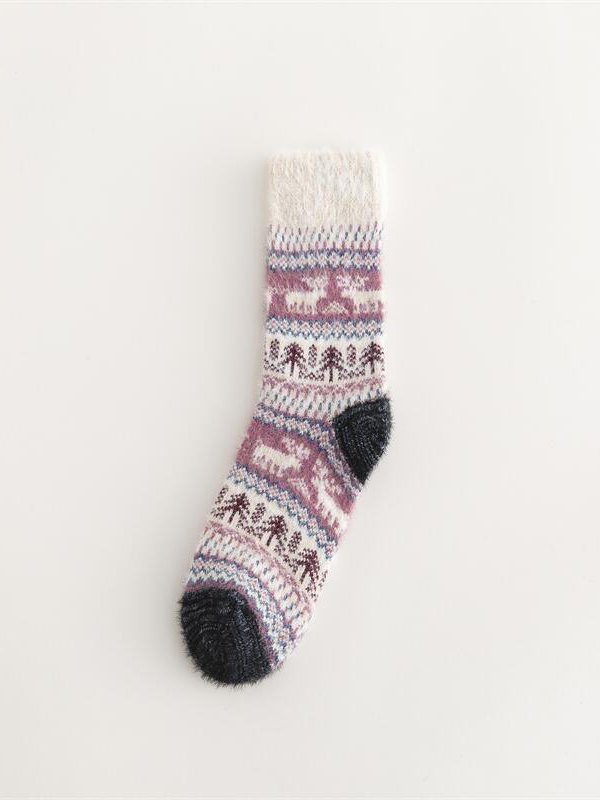Casual Retro Striped Elk Pattern Plush Socks Autumn Winter Accessories Warm High Stretch