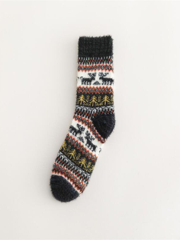 Casual Retro Striped Elk Pattern Plush Socks Autumn Winter Accessories Warm High Stretch