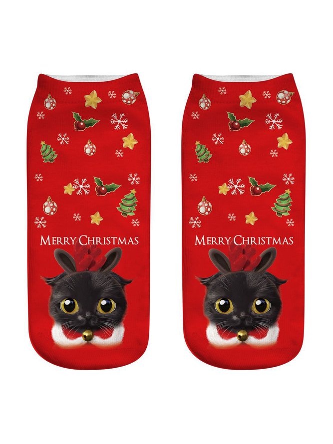 Red Cotton Black Cat Pattern Socks Christmas Holiday Party Accessories Matching
