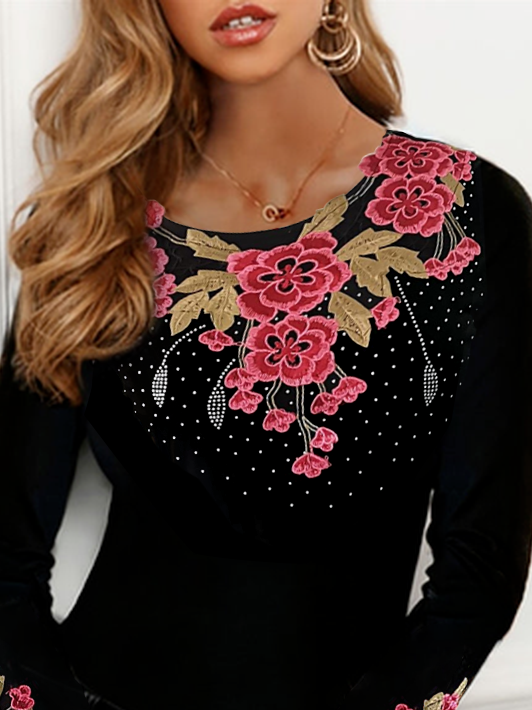Embroidery Crew Neck Floral Casual T-Shirt
