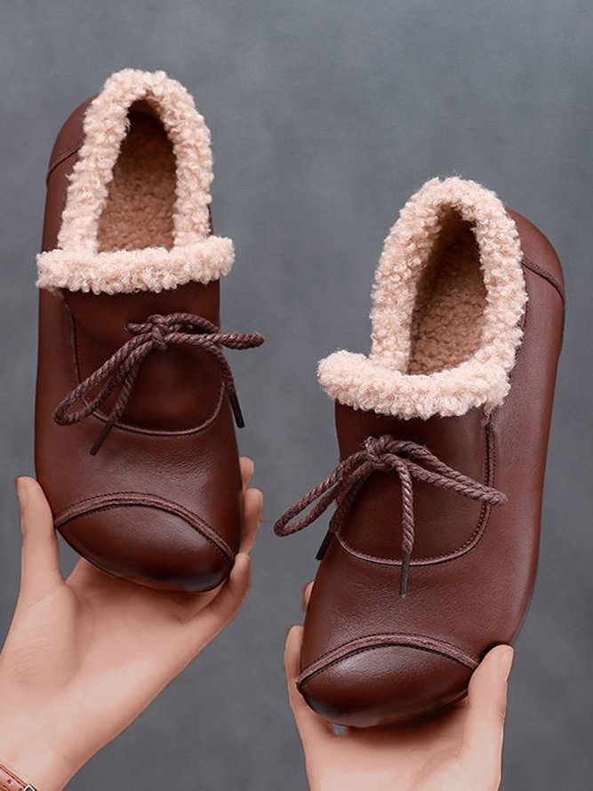 Vintage Bow Warm Furry Lined Slip On Flats