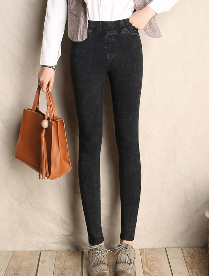 Women Casual Plain Autumn High Elasticity Tight Mid Waist Ankle Pants Denim H-Line Jeans