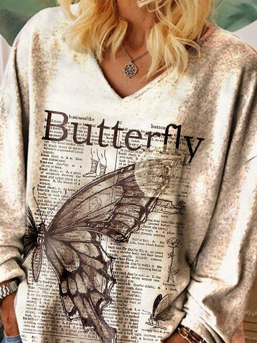 Casual Vintage Newspapers Butterfly Printed Women's T-shirt