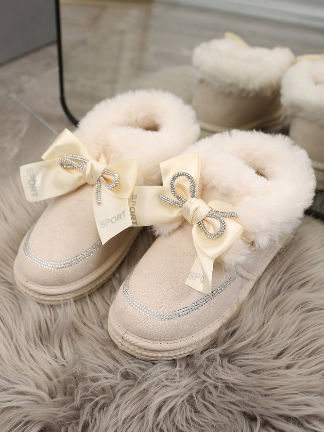 Winter Casual Rhinestone Bow Furry Lined Snow Booties