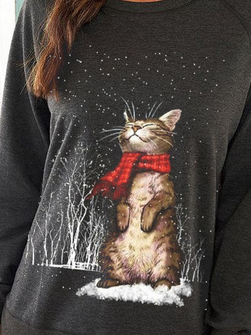 Loose Casual Cat Raglan Sleeve Sweatshirt