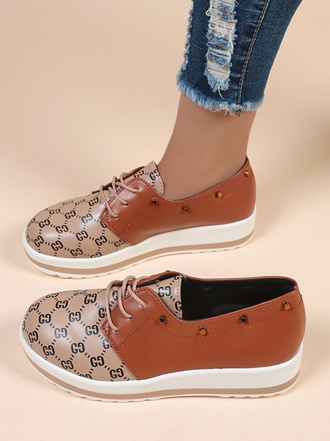 Classic Old Flower Abstract Graphic Studded Lace-up Shoes