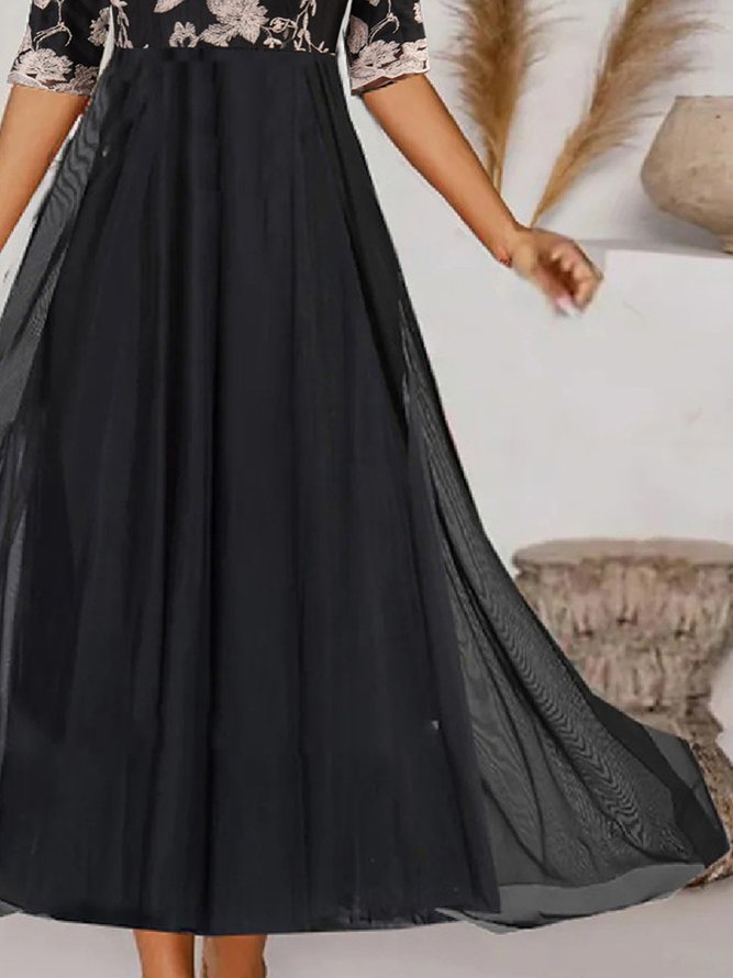 Women's A Line Dress Midi Dress Black Half Sleeve Elegant Floral Lace Crew Neck Modern Mature Occasion Dress