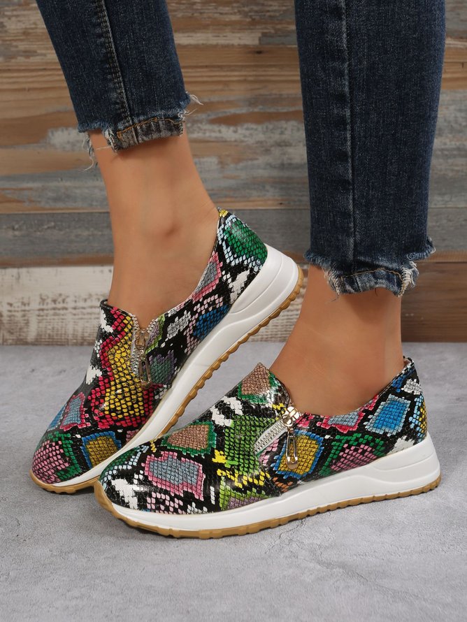 Women's Casual Printing Zip Up Flat Shoes