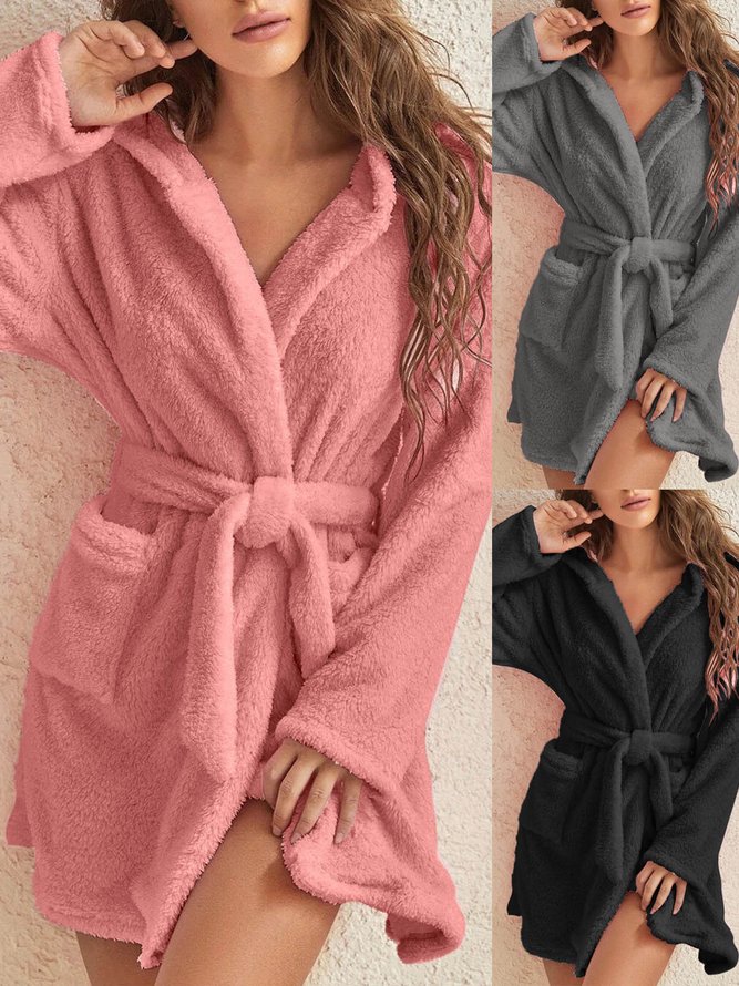 Plush Pajamas Solid Color Hooded Home Clothes Warm Robes Plus Size