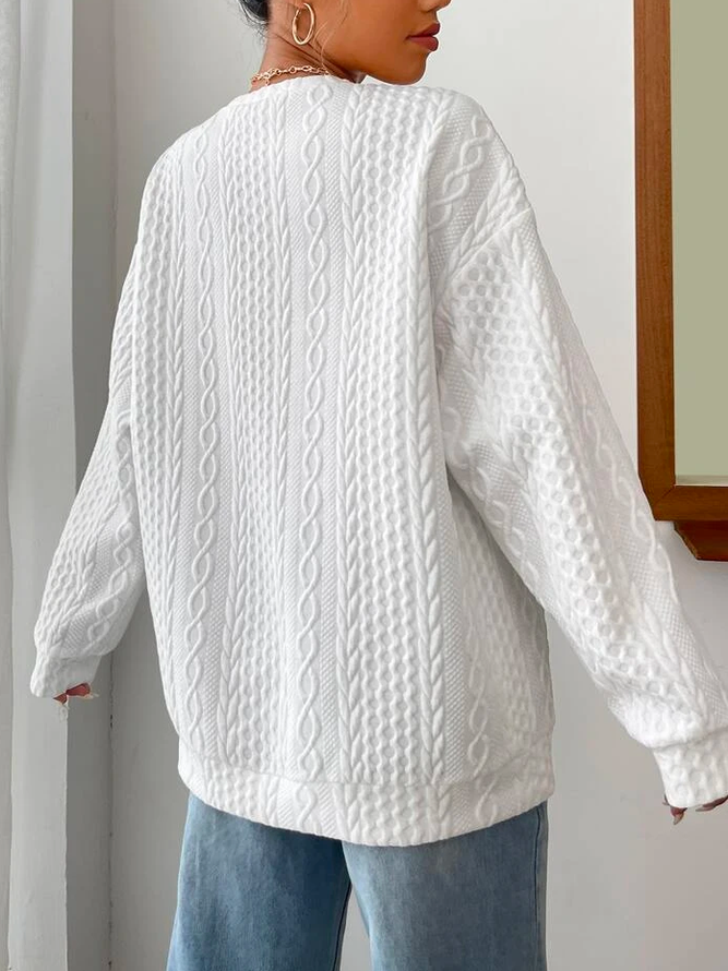 Geometric Loose Crew Neck Drop Shoulder Cable Textured Pullover Sweatshirt