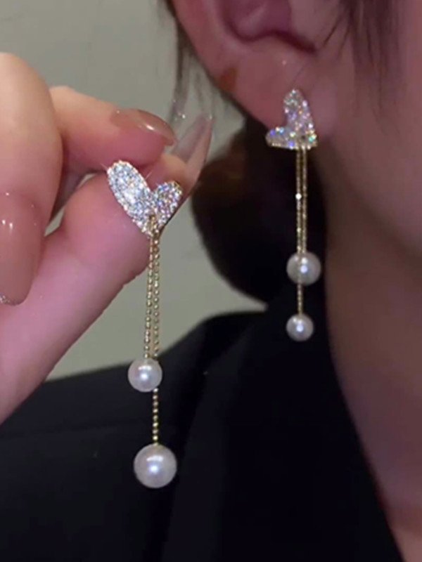 Banquet Party Gold Heart Diamond Pearl Pendant Earrings Elegant Jewelry
