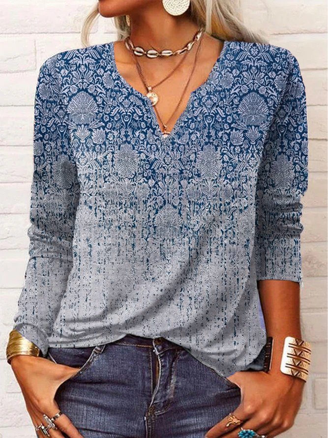 Ethnic Long Sleeve Notched Casual T-Shirt