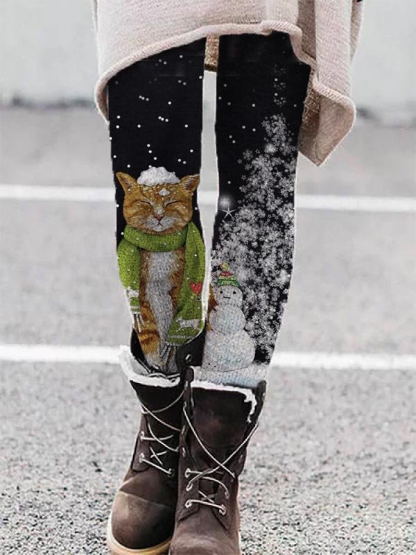 Women Casual Winter Cat Natural High Elasticity Daily Elastic Band Legging H-Line Leggings