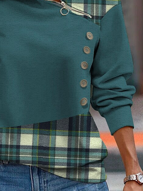 Casual Color Block Plaid Regular Fit Zipper Turtleneck Sweatshirt