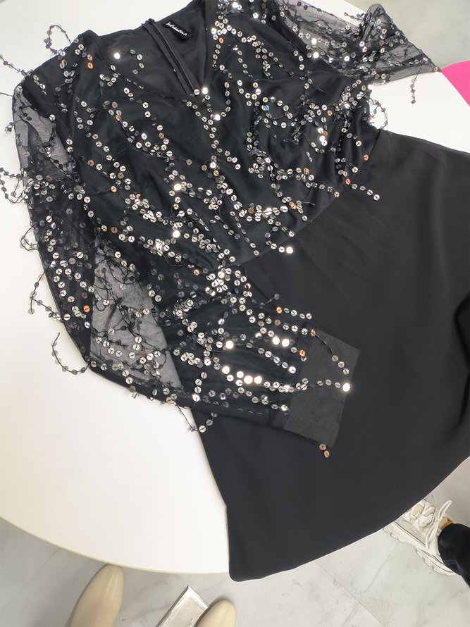 Women's A Line Dress Midi Dress Black Long Sleeve Sequins Chiffon Fall Winter V Neck Fashion Modern Occasion Dress