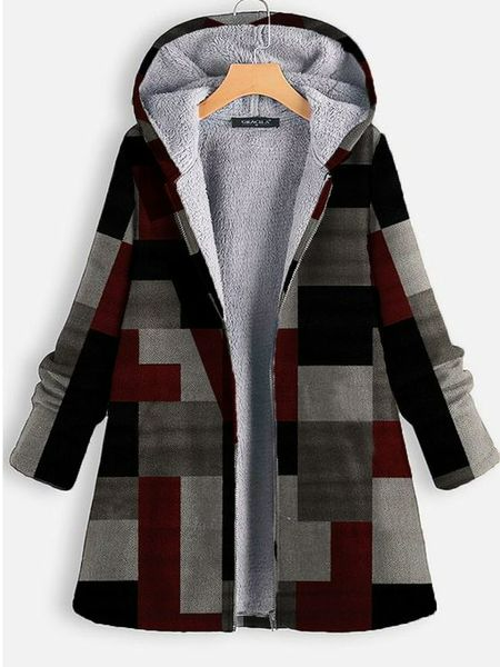 Fluff/Granular Fleece Fabric Geometric Hoodie Teddy Coat