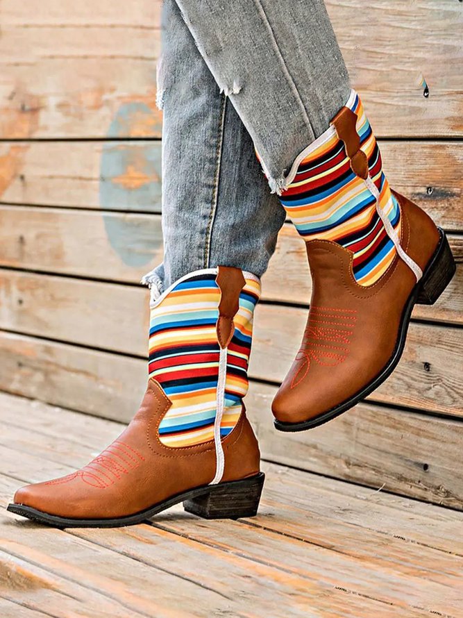 Western Style Colorful Striped Panel Cowboy Boots