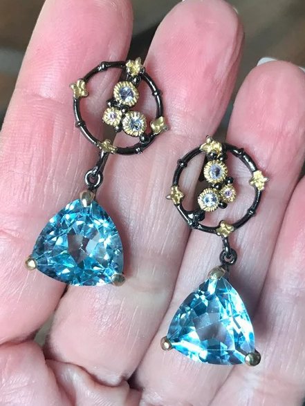 Vintage Blue Gemstone Distressed Floral Earrings Ethnic Jewelry