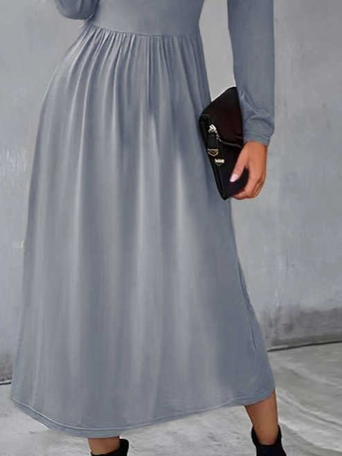 Urban V-neck Solid Color Long Sleeve Midi Dress