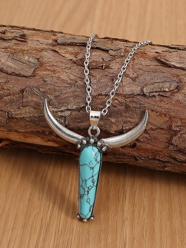 Western Style Silver Bull Head Turquoise Long Necklace Sweater Chain Ethnic Vintage Jewelry
