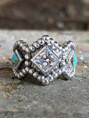 Ethnic Vintage Silver Diamond Beaded Ring Boho Jewelry
