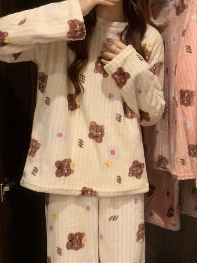 Warm Coral Fleece Cute Bear Pattern Homewear Set Long Sleeve Pants Pajamas Plus Size