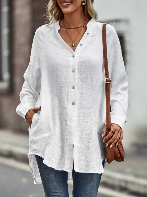 Casual White Relaxed Notch Neck Button-Up Plain Blouse