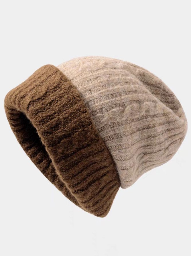Vintage Casual Contrast Color Wool Patchwork Beanie  Autumn Winter Thermal Accessories