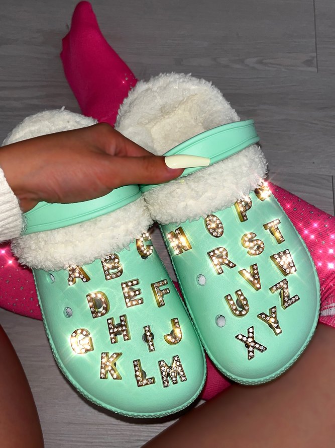 Text Letters Rhinestone Decor Vented Clogs Sandals
